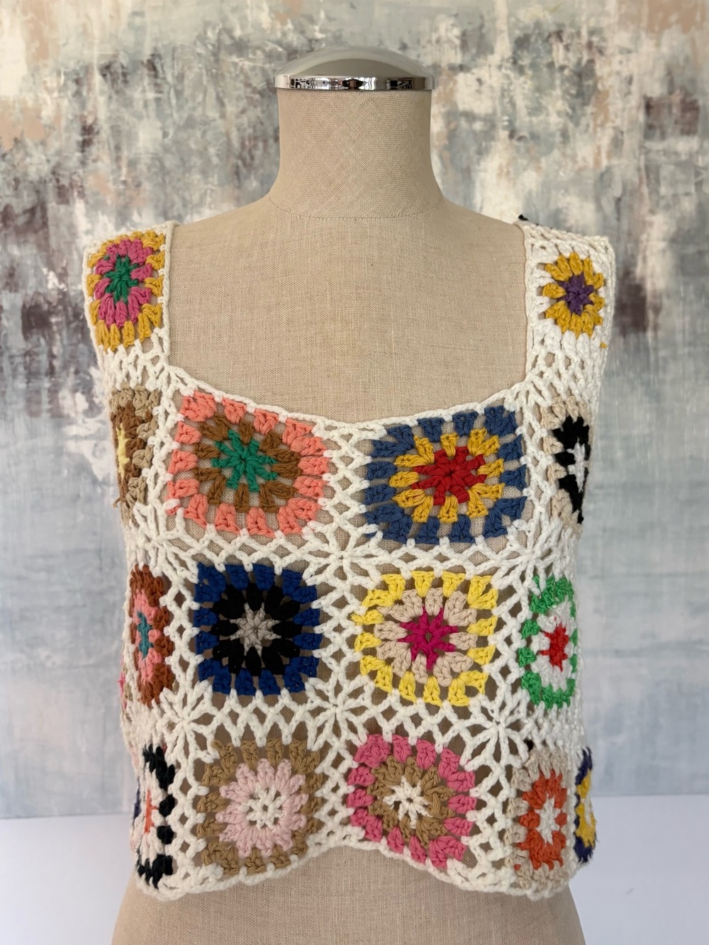 Crochet Multi-Color Square Tank Top - White Trim